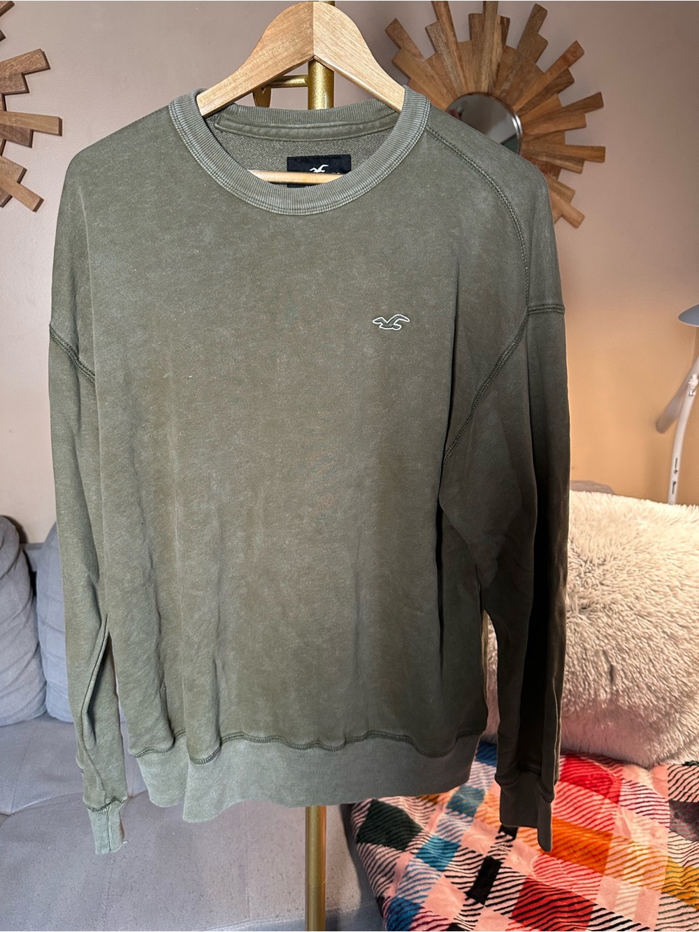 Hollister Olive Green Logo Crew Sweatshirt Burnout Terry Cloth Style Vintage